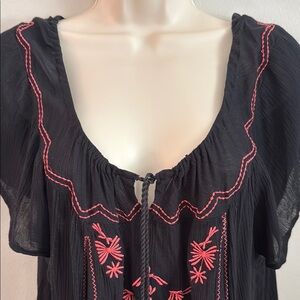 Boho Peasant Blouse in Black with Pink Embroidery